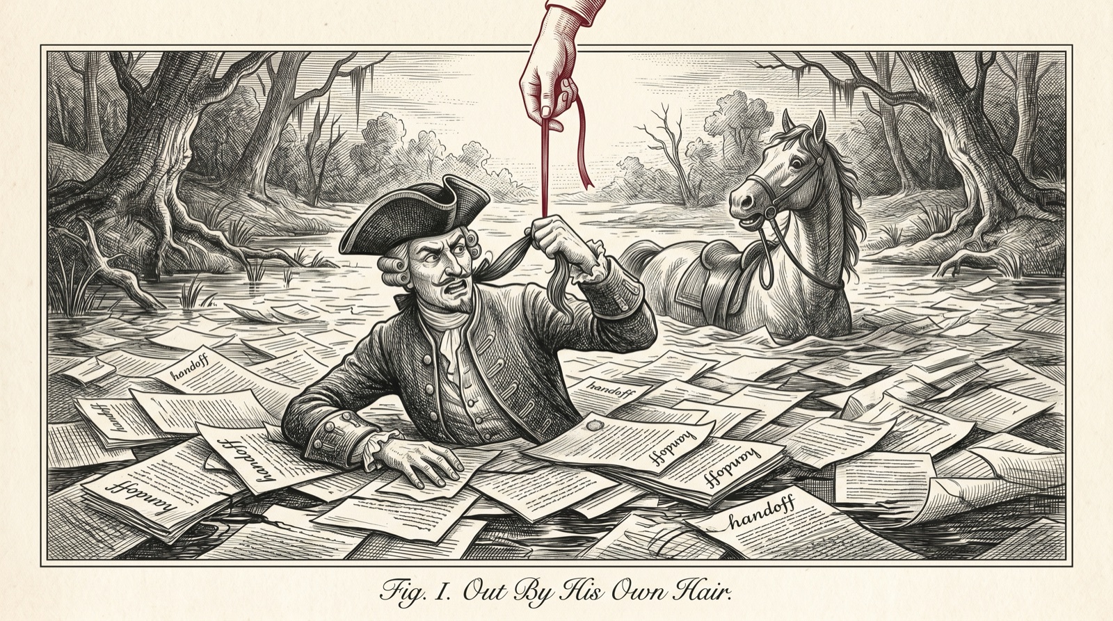 Engraving: Baron Munchausen sunk to the waist in a swamp made of overlapping handoff documents, gripping his own hair while a red ribbon is lowered to him by a hand reaching in from above the frame.