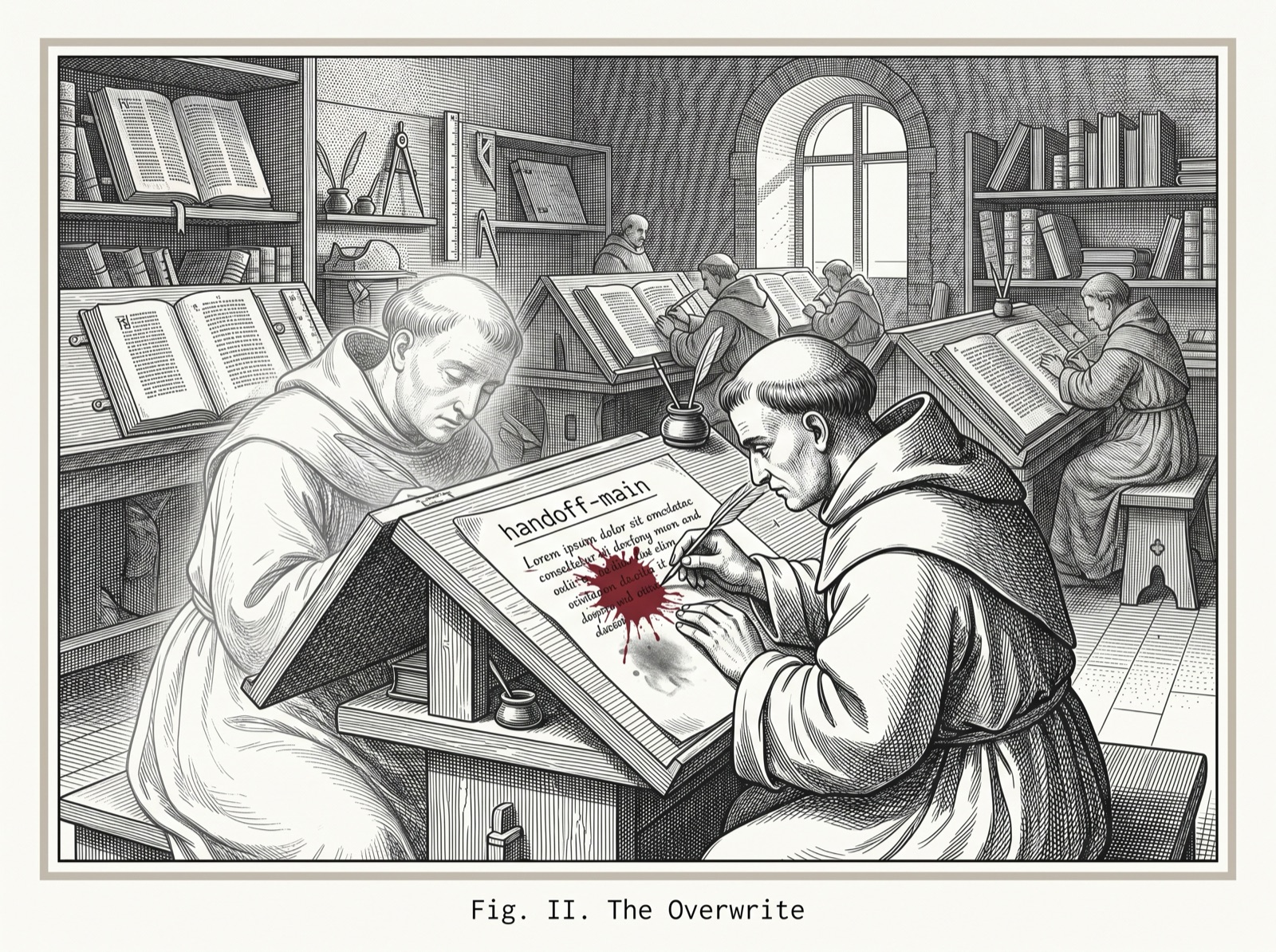 Engraving of a scriptorium: two scribes hunched over a single shared sheet headed 'handoff-main', the second scribe's ink spreading as a red blot over the first scribe's faded lines.