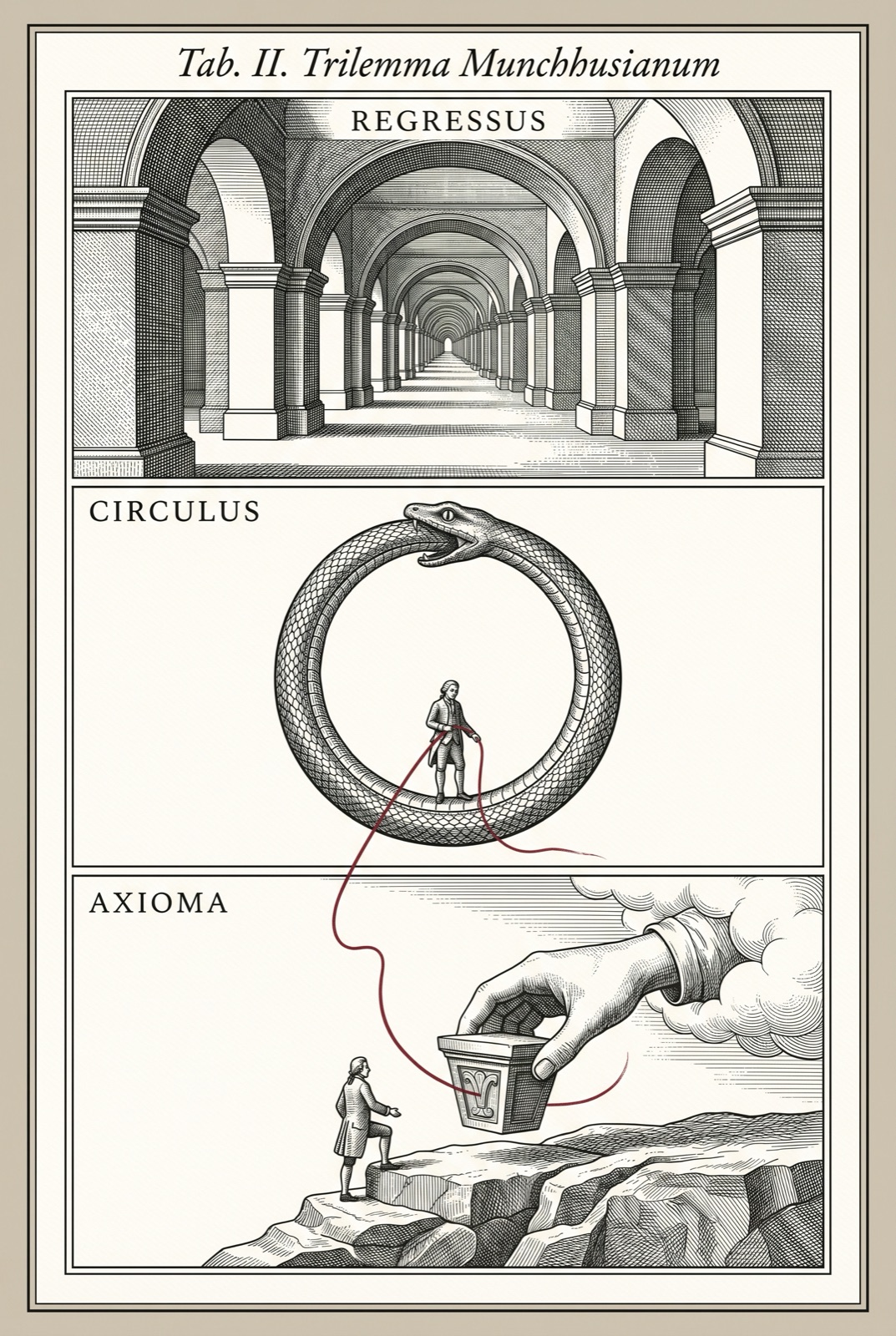A three-panel scientific plate titled Trilemma Munchhusianum: REGRESSUS, an endless colonnade; CIRCULUS, an ouroboros enclosing a trapped figure; AXIOMA, a hand from a cloud setting a keystone, with a red thread running from the trapped figure out to the keystone.