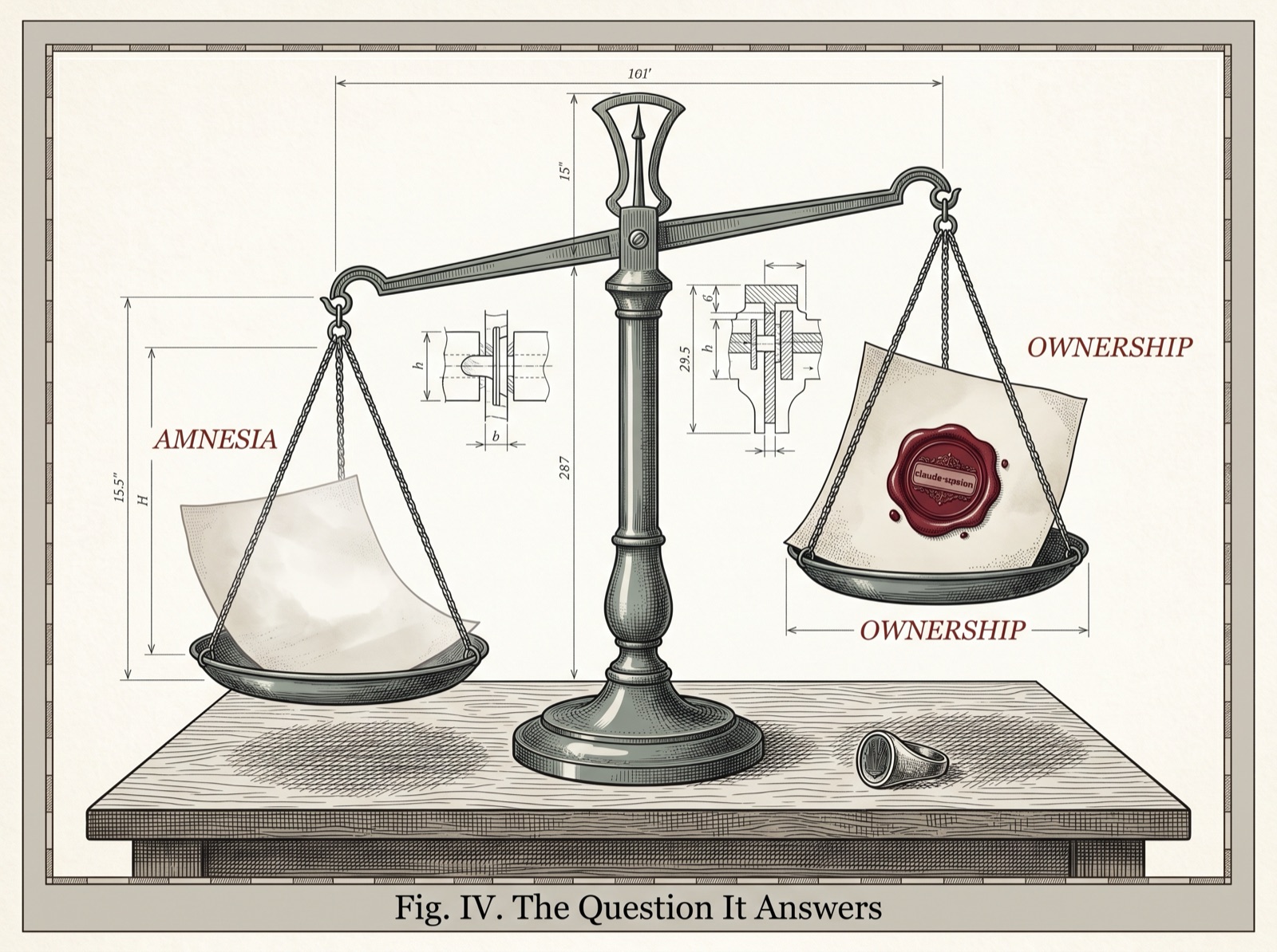 An engraving of a two-pan balance: the AMNESIA pan holds a blank page and rises; the OWNERSHIP pan holds a page stamped with a red wax seal reading claude-session and sinks. A signet ring rests on the table beneath.